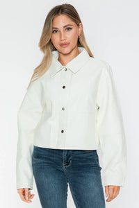 White Snobbish Snap Down Long Sleeve PU Leather Jacket by Trendsi, featuring a stylish collar and fitted design.