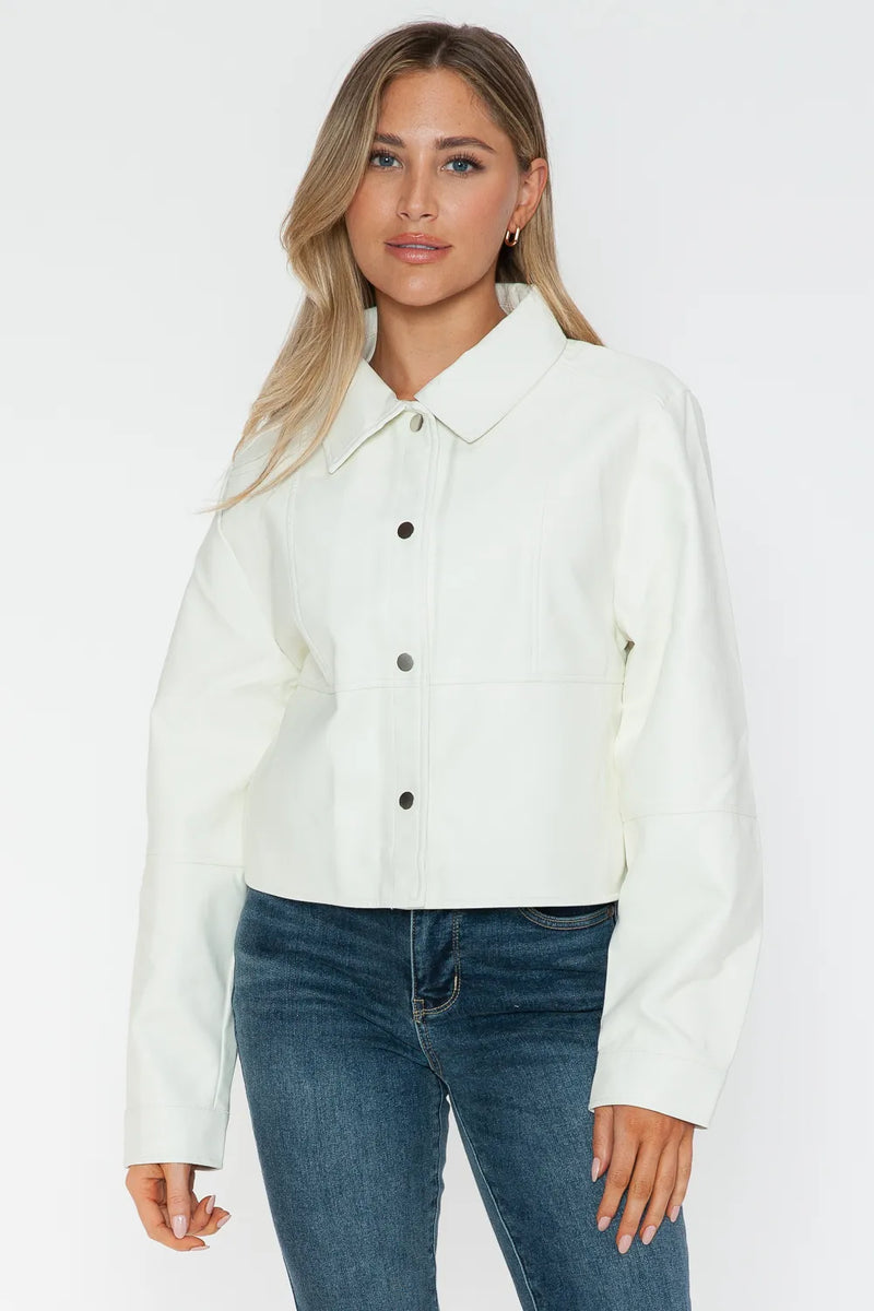 White Snobbish Snap Down Long Sleeve PU Leather Jacket by Trendsi, featuring a stylish collar and sleek design.