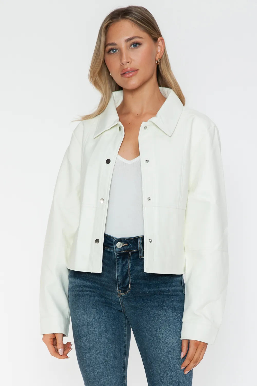 White Snobbish Snap Down Long Sleeve PU Leather Jacket by Trendsi, featuring a stylish collar and fitted design.