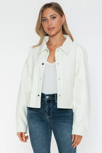 White Snobbish Snap Down Long Sleeve PU Leather Jacket by Trendsi, featuring a stylish collar and fitted design.