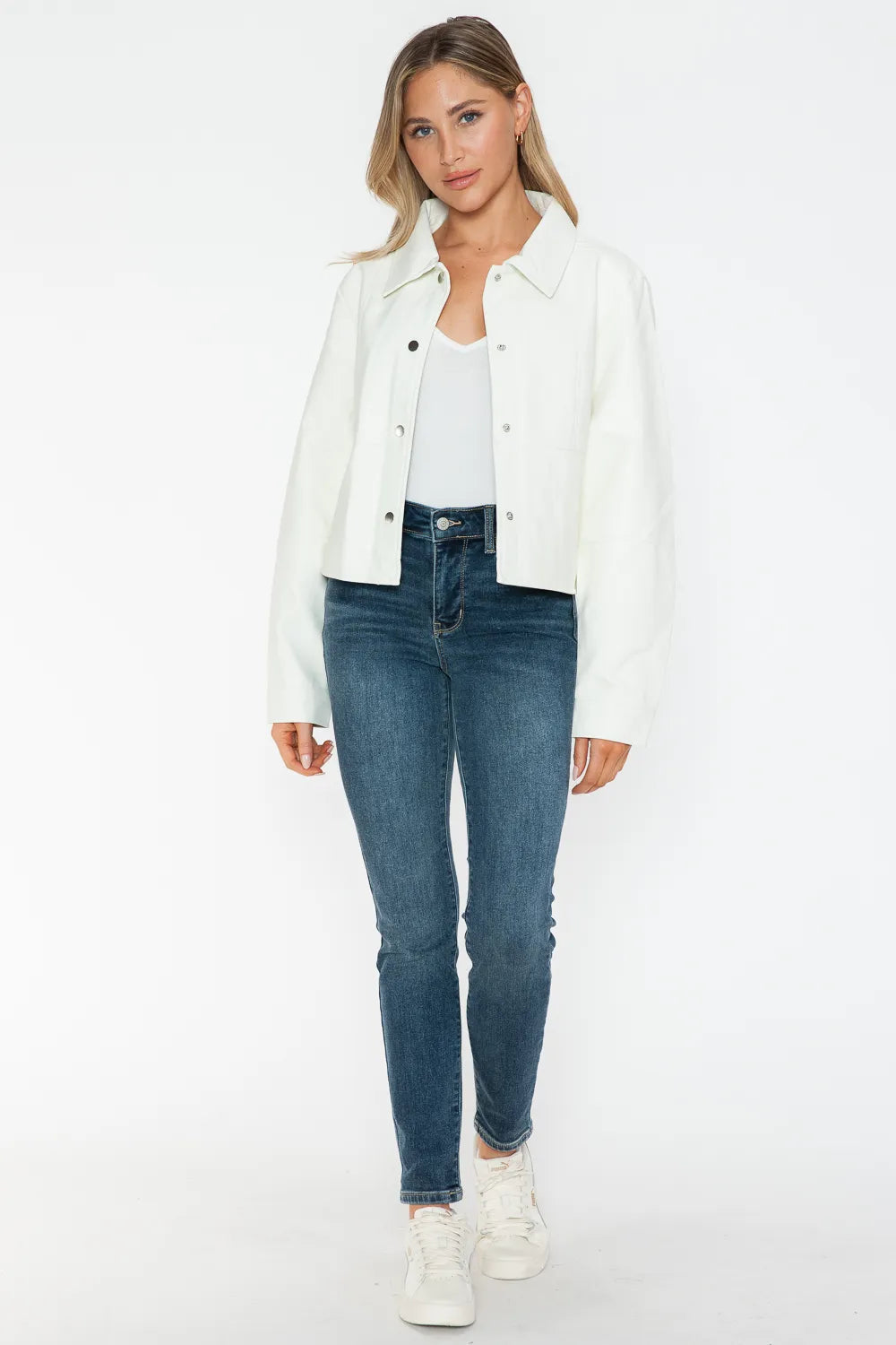White Snobbish Snap Down Long Sleeve PU Leather Jacket by Trendsi, featuring a stylish collar and sleek design.