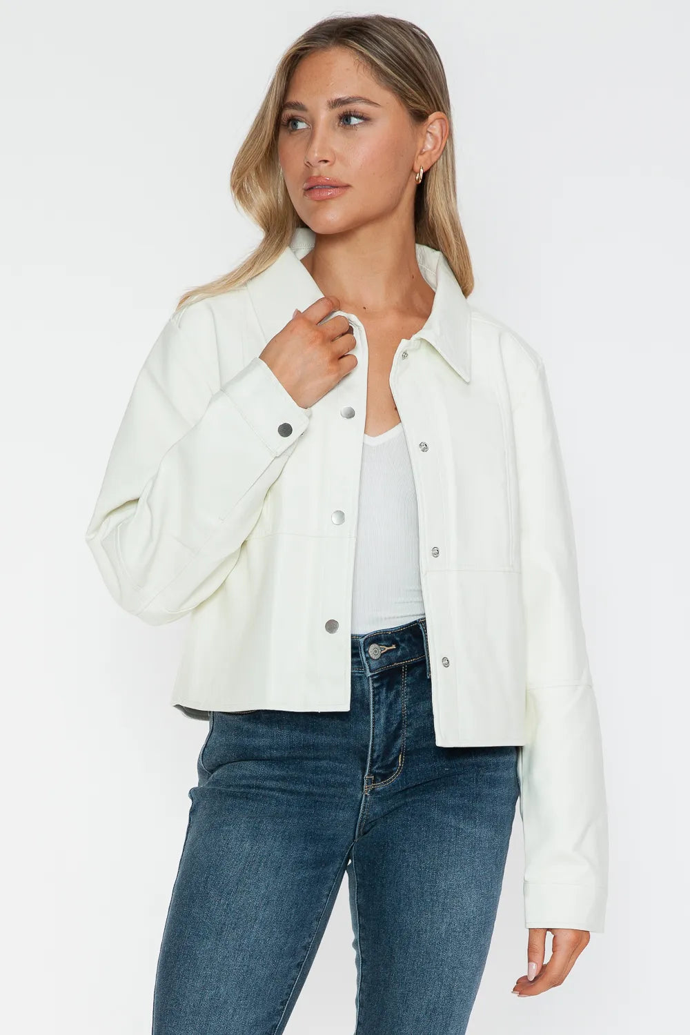 White Snobbish Snap Down Long Sleeve PU Leather Jacket by Trendsi, featuring a stylish collar and sleek design.