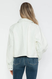 White Snobbish Snap Down Long Sleeve PU Leather Jacket by Trendsi, featuring a stylish collar and fitted design.