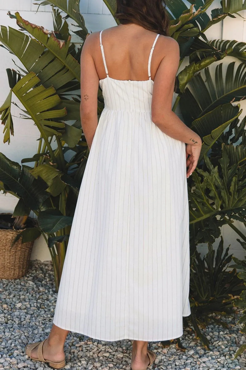 White stripe square neck cami dress with pockets by Trendsi, featuring a sleeveless design and a relaxed fit.