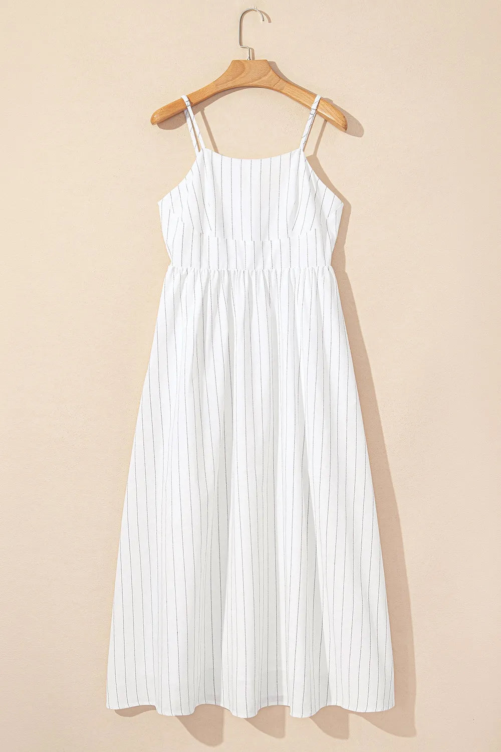 White stripe Square Neck Cami Dress with pockets from Trendsi, featuring a fitted bodice and casual sleeveless design.