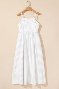 White stripe square neck cami dress by Trendsi featuring a fitted bodice, side pockets, and a stylish sleeveless design.