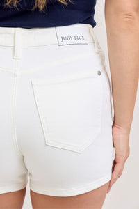 Plus size Judy Blue high-waisted slim shorts in white, featuring a full size fit and stylish design.