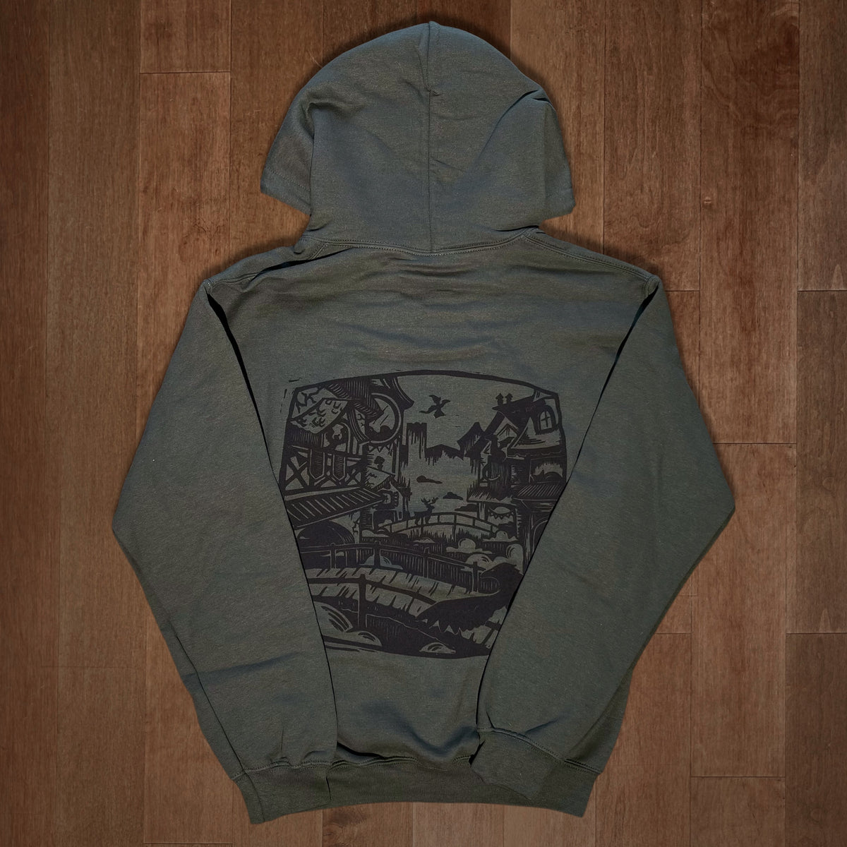 Olive green VesperTwine Home to the Unknown hoodie with front pocket and drawstring hood, casual and comfortable for everyday wear.