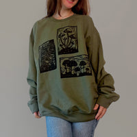 Olive green Mushroom Sweater by VesperTwine featuring a cozy knit design and a relaxed fit on a mannequin.