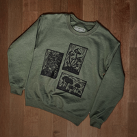 Olive green Mushroom Sweater by VesperTwine featuring a cozy knit design and mushroom pattern on the front.