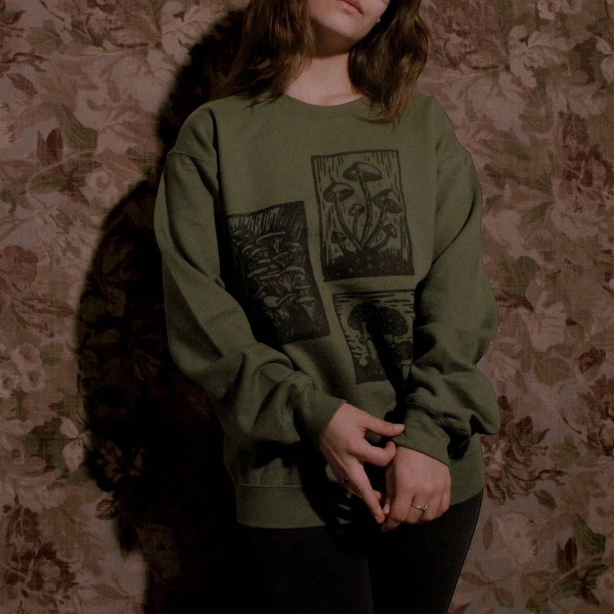 Olive green Mushroom Sweater by VesperTwine featuring a cozy, textured knit design and a relaxed fit.
