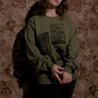 Olive green Mushroom Sweater by VesperTwine featuring a cozy, textured knit design and a relaxed fit.