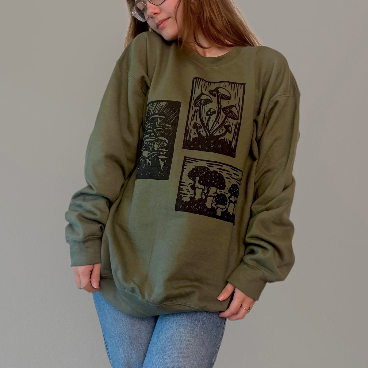 Olive green Mushroom Sweater by VesperTwine featuring a cozy knit design and a relaxed fit.