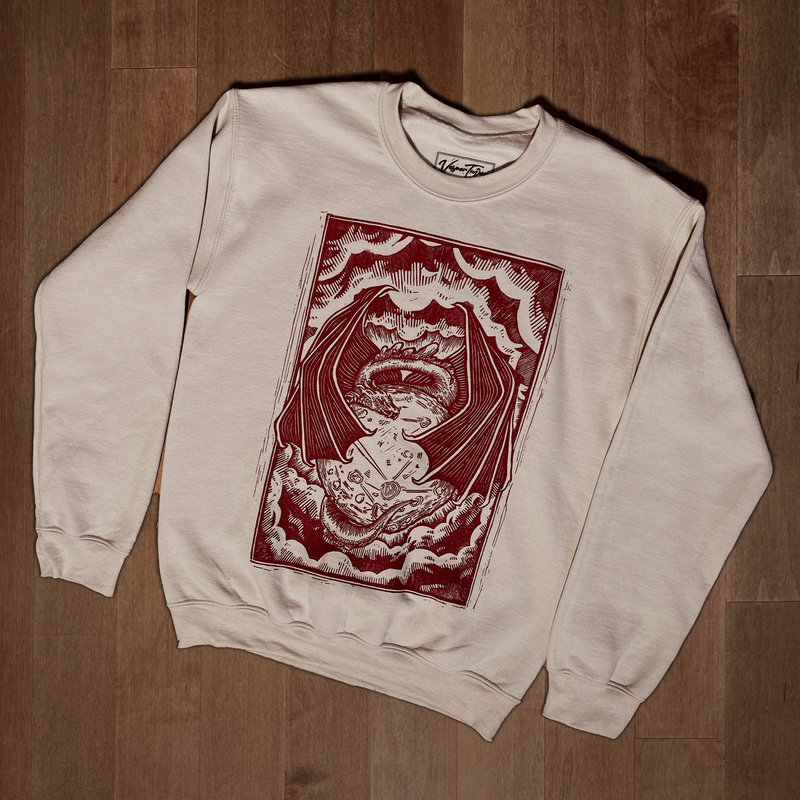 VesperTwine Dragon's Moon Sweater in sand color, XS size, featuring a detailed dragon and moon design on soft knit fabric.