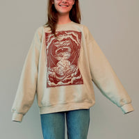VesperTwine Dragon's Moon sweater in sand color, small size, featuring a dragon and moon design on soft knit fabric