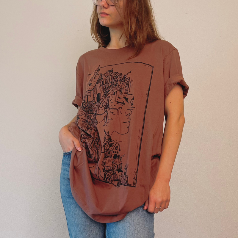 Chestnut Gaia T-Shirt by VesperTwine, lightweight shirt with a relaxed fit, showcased on a plain background.