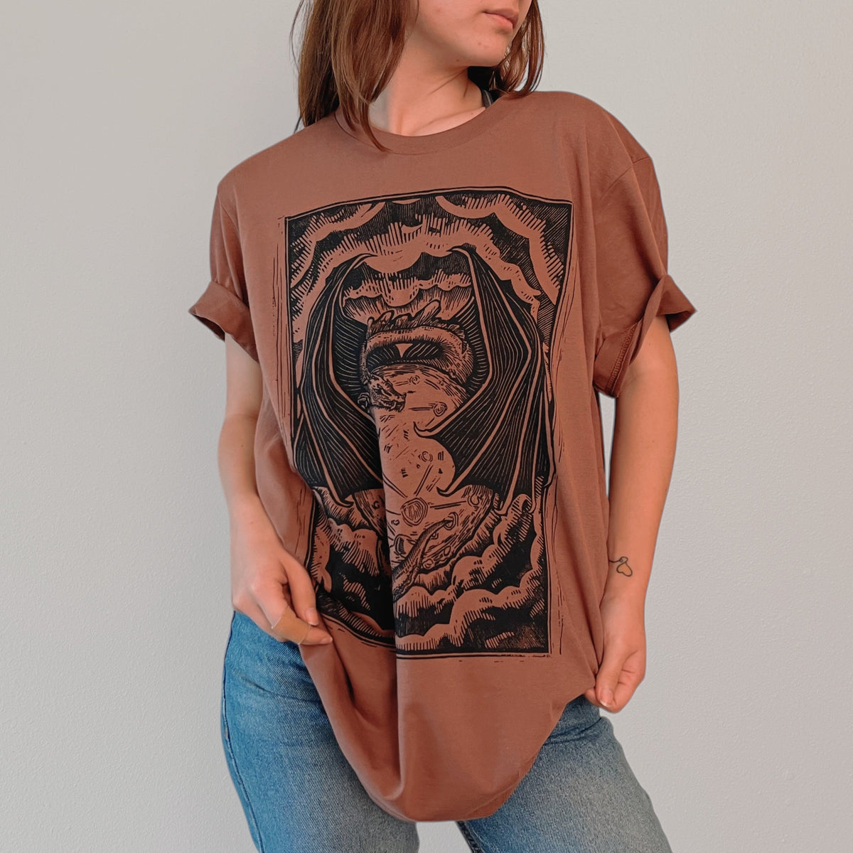 VesperTwine Dragon's Moon T-Shirt in moss green, XS size, featuring a detailed dragon and moon design on the shirt.