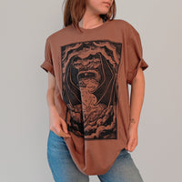 VesperTwine Dragon's Moon T-Shirt in moss green, XS size, featuring a detailed dragon and moon design on the shirt.