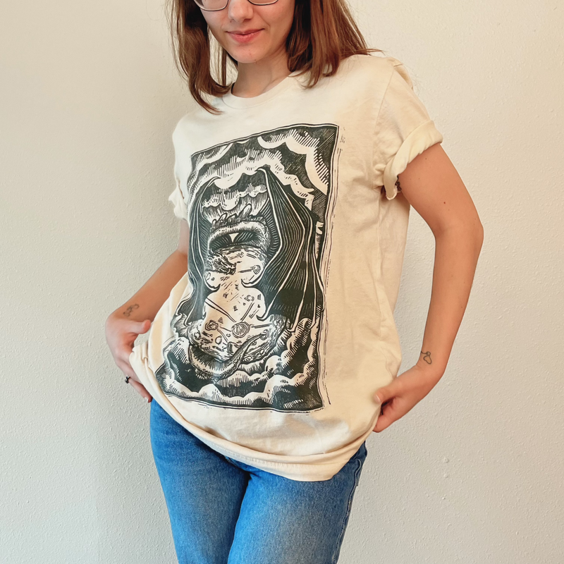 VesperTwine Dragon's Moon T-Shirt, moss green shirt featuring a dragon and moon graphic, XS size, casual top for men and women.