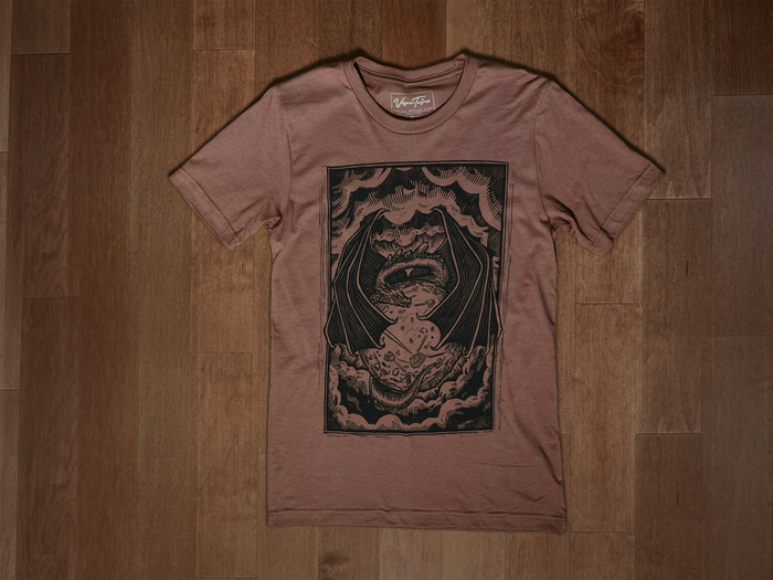 VesperTwine Dragon's Moon T-Shirt featuring a detailed dragon and moon design on a moss green shirt for women and men.