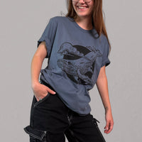 VesperTwine Thundercloud T-Shirt featuring a cloudy sky graphic on a casual shirt, shown in XS size.