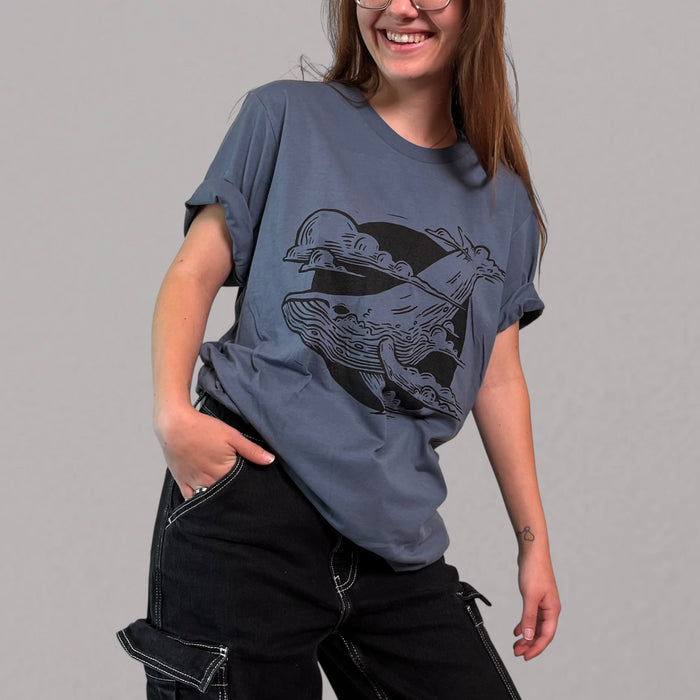 VesperTwine Thundercloud T-Shirt featuring a cloudy sky graphic on a casual shirt, shown in XS size.
