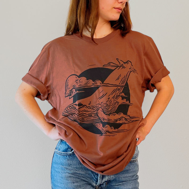 VesperTwine Thundercloud T-Shirt, casual shirt with storm cloud graphic, lightweight cotton, XS size, front view.
