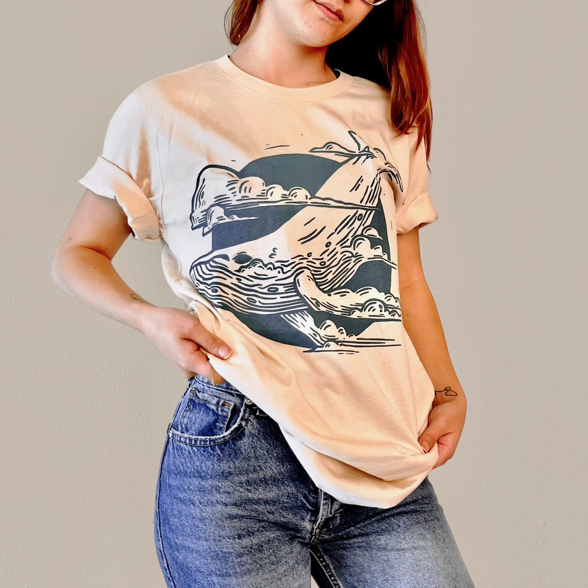 VesperTwine Thundercloud T-Shirt in Polaris XS, featuring a storm cloud graphic on a casual shirt for men or women.