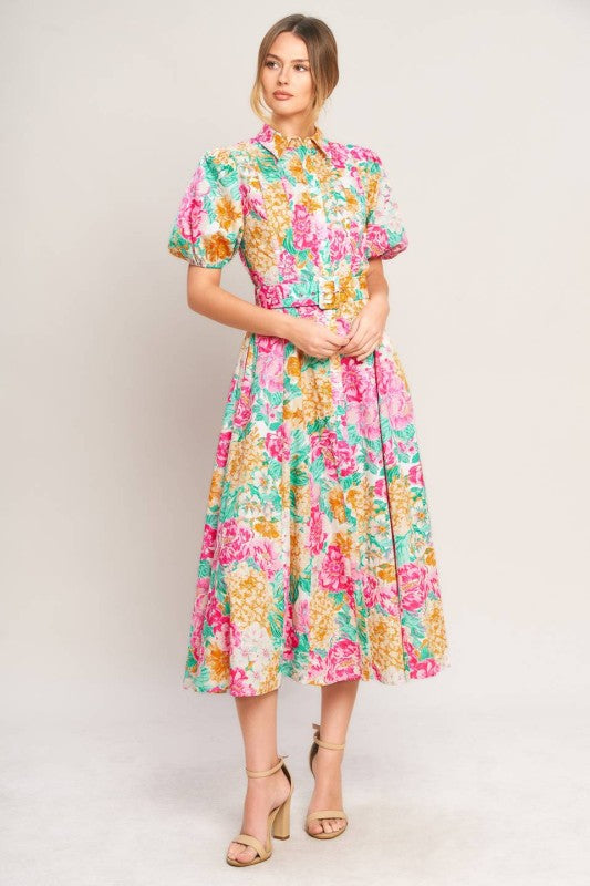 Floral print midi dress by voglio.us featuring a flowy silhouette and vibrant flower patterns, perfect for spring and summer wear.