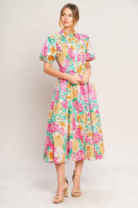 Floral print midi dress by voglio.us featuring a flowy silhouette and vibrant flower patterns, perfect for spring and summer wear.