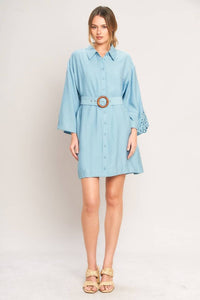 Soft blue belted shirt dress by voglio.us, featuring a collared neckline, long sleeves, and a waist belt for a stylish fit.