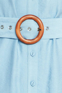 Soft blue belted shirt dress by voglio.us, featuring a collar, button front, and waist tie, displayed on a hanger.