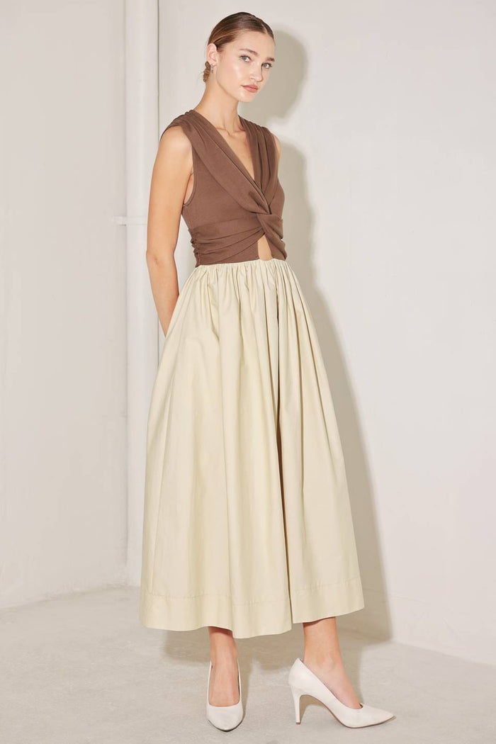 Two-tone twist front midi dress by voglio.us featuring a stylish design with a fitted silhouette and elegant midi length.