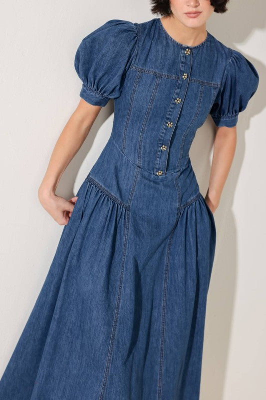 Washed denim midi dress with jewel button accents from voglio.us, featuring a stylish, casual design and a relaxed fit.