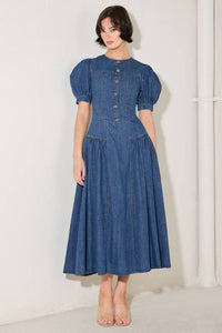 Washed denim midi dress with jewel button accents by voglio.us, featuring a stylish and casual design.