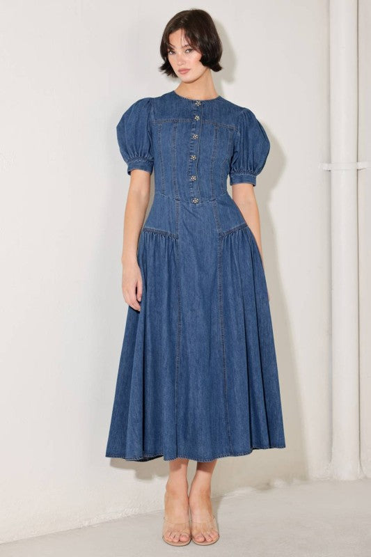 Washed denim midi dress with jewel button accents by voglio.us, featuring a stylish and casual design.