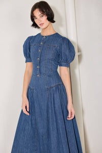 Washed denim midi dress with jewel buttons from voglio.us, featuring a relaxed fit and stylish design.