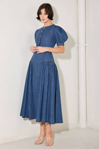 Washed denim midi dress with jewel button accents by voglio.us, featuring a stylish, casual design and a comfortable fit.