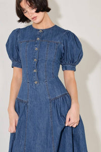 Washed denim midi dress with jewel buttons, featuring a stylish fit and casual look from voglio.us.