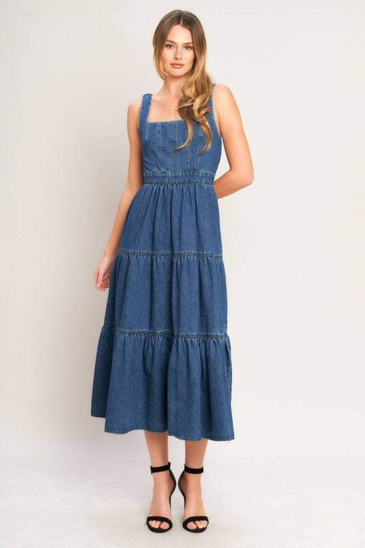 Washed denim midi dress by voglio.us featuring a classic fit with a casual, stylish silhouette and front button closure.