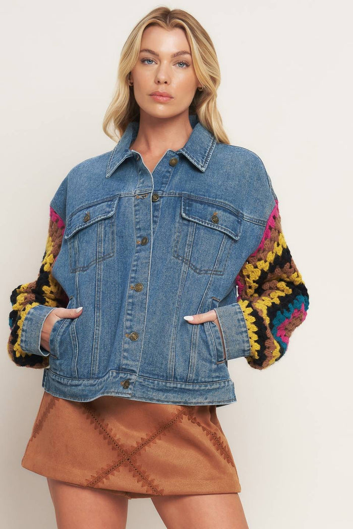 Voglio.us denim jacket featuring contrasting crochet sleeves and classic button-up style, casual and stylish outerwear for women.