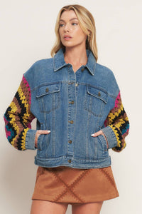 Voglio.us denim jacket featuring contrasting crochet sleeves, casual outerwear with stylish mixed fabric design.