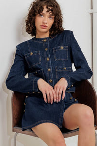 Voglio.us denim utility jacket with gold buttons, featuring a casual fit and multiple pockets, stylishly displayed on a hanger.