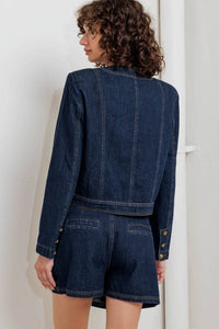 Denim utility jacket with gold buttons, casual outerwear by voglio.us, shown with front view and button details.