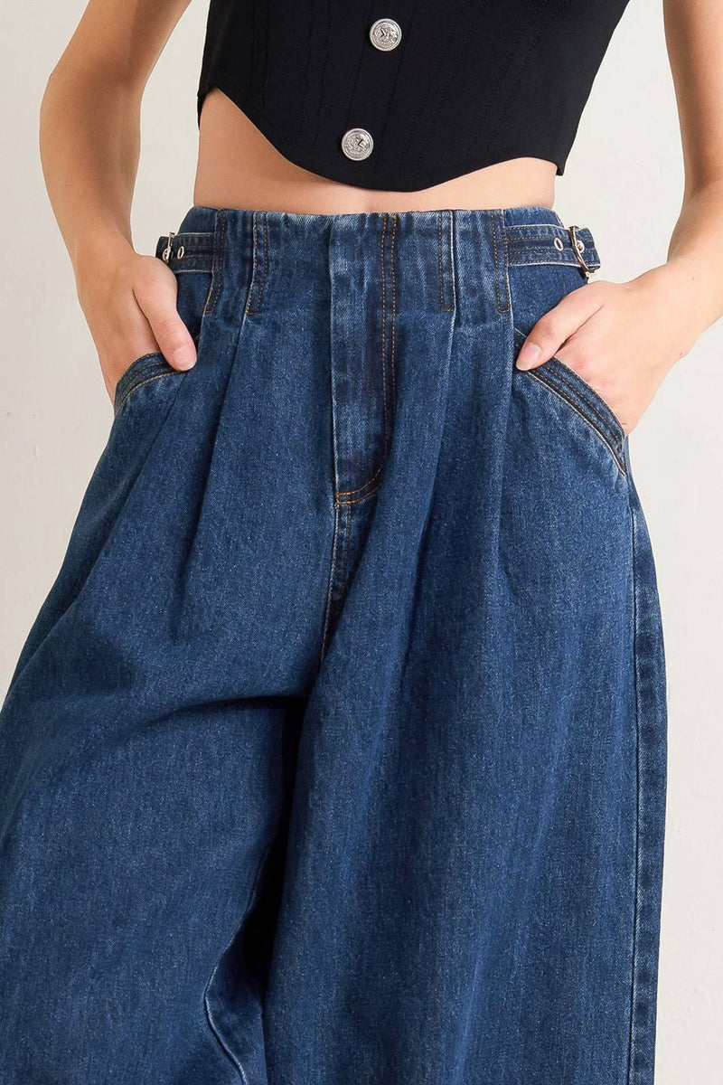 Voglio.us denim jeans with side buckle detail, classic blue color, and straight-leg fit, showcasing stylish casual pants.