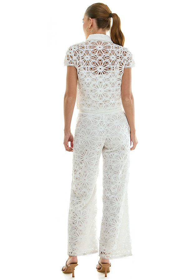 Voglio.us crochet lace shirt and pants set featuring intricate lace details and a stylish, coordinated two-piece outfit.