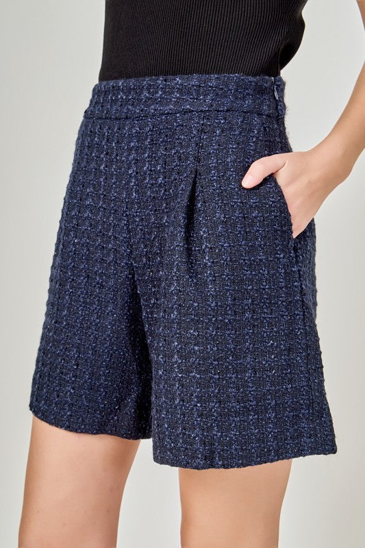 Light brown voglio.us tweed relaxed long shorts with a casual fit, featuring a comfortable waistband and classic short length.