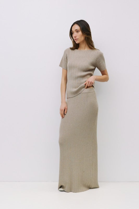 Joelle ribbed knit maxi skirt in a soft, fitted design, perfect for casual or chic outfits, by voglio.us