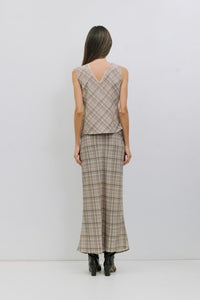 Voglio.us Paxton plaid midi skirt with lace waistband, featuring a stylish plaid pattern and feminine lace detail at the waist.