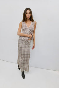 Voglio.us Paxton plaid midi skirt with lace waistband, featuring a stylish plaid pattern and feminine lace detail at the waist.